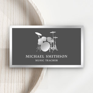 Carte De Visite Professeur de musique gris Kit de batterie en feui