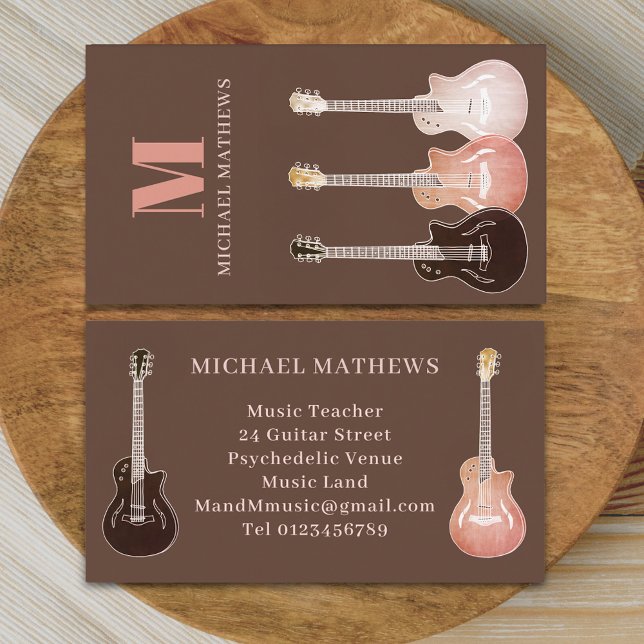 Carte De Visite Professeur de musique guitare Brown (Rustic guitar music teacher professional musician Business card Country music semi acoustic guitars)