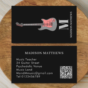 Carte De Visite Professeur de Musique Guitariste Code QR Rose Noir