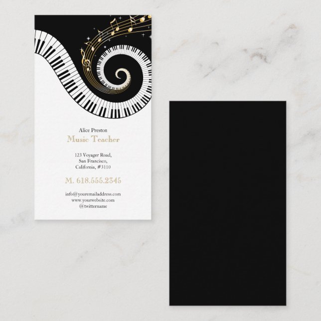 Carte De Visite Professeur de musique | Piano noir blanc (Devant / Derrière)