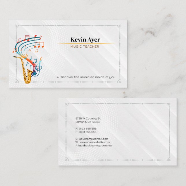 Carte De Visite Professeur de musique | Saxophone (Devant / Derrière)