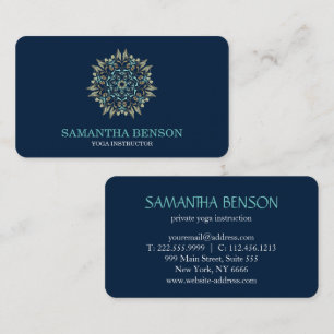 Carte De Visite Professeur de Yoga Élégant Bleu & Or Lotus