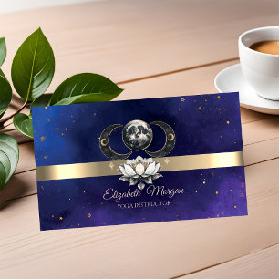 Carte De Visite Professeur de yoga lune bleue lotus rayure dorée