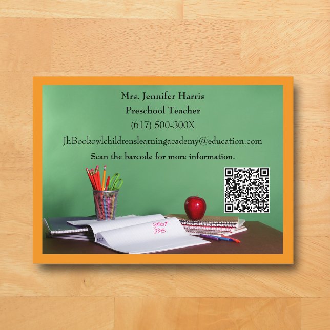 Carte De Visite Professeur d'école primaire Orange Code QR  (Orange Business Card for Teacher )