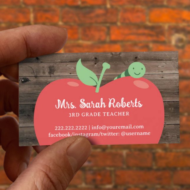 Carte De Visite Professeur Tutor Cute Apple & Worm Barn Wood (Créateur téléchargé)