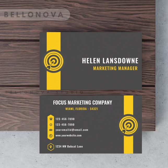 Carte De Visite Profession marketing personnalisée gris foncé noir (Custom Dark Grey Black Yellow Marketing Profession Business Card)