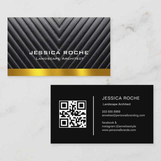 Carte De Visite Professional Black & Gold Landscape Architect QR  (Devant / Derrière)