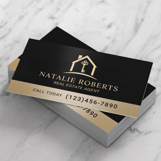 Carte De Visite Professional Black & Gold Real Estate Agent (Créateur téléchargé)