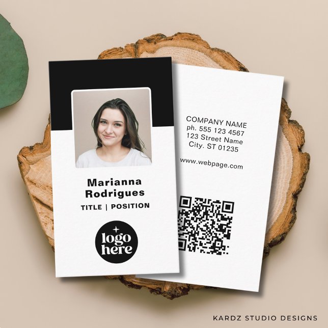 Carte De Visite Professional Black White Business Logo Photo (Add business logo, photo and business information. Enter URL to create QR Code.)