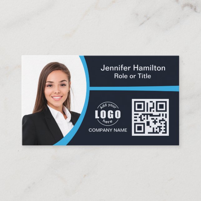 Carte De Visite Professional Blue ajoutez votre logo QR Code Photo (Devant)