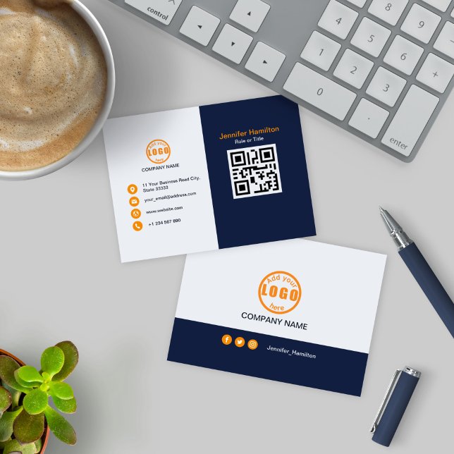 Carte De Visite Professional Blue Orange ajoutez votre logo QR Cod (Créateur téléchargé)