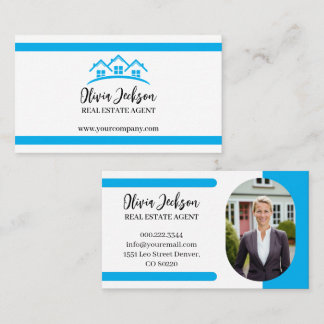 Carte De Visite Professional Blue Real Estate Agent Photo