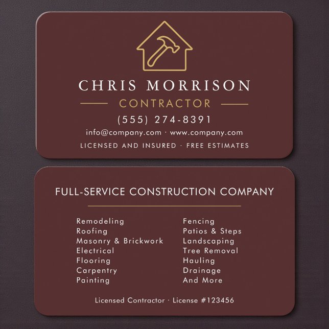 Carte De Visite Professional Burgundy & Gold Contractor (Créateur téléchargé)