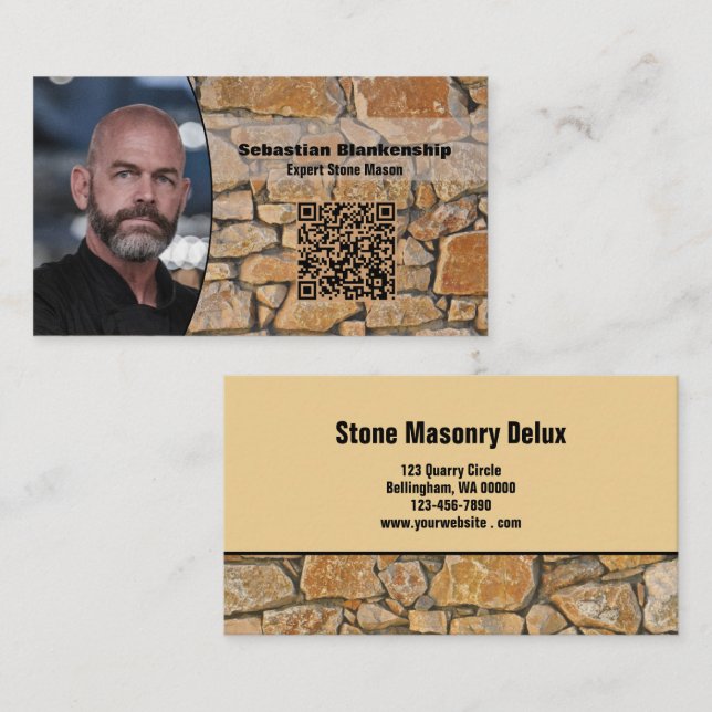 Carte De Visite Professional Business Photo Stone Wall & QR Code (Devant / Derrière)