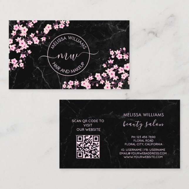 Carte De Visite Professional Cherry Blossoms Black Marble (Devant / Derrière)
