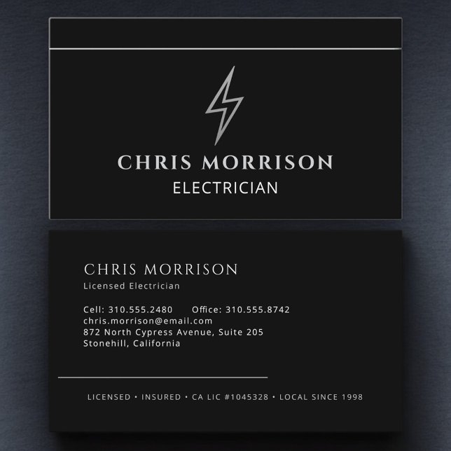 Carte De Visite Professional Electrician Black Silver Contractor (Créateur téléchargé)