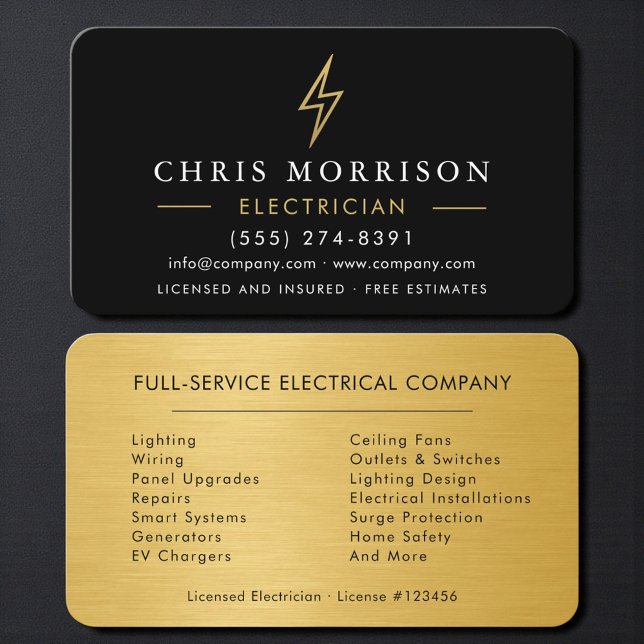 Carte De Visite Professional Electrician Contractor Black & Gold (Créateur téléchargé)