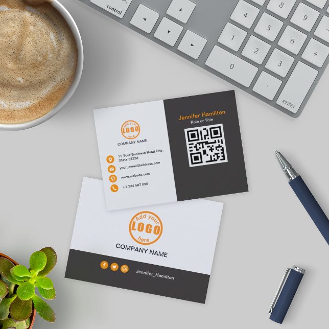 Carte De Visite Professional Grey Orange ajoutez votre logo QR Cod (Créateur téléchargé)