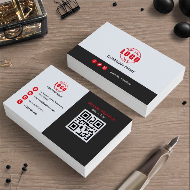 Carte De Visite Professional Grey Red ajoutez votre logo QR Code (Créateur téléchargé)