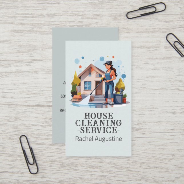 Carte De Visite Professional House Cleaning Service Housekeeping (Devant/Arrière en situation)