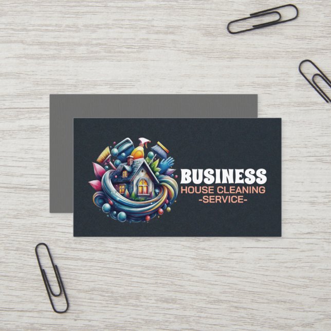 Carte De Visite Professional House Cleaning Service Housekeeping (Devant/Arrière en situation)