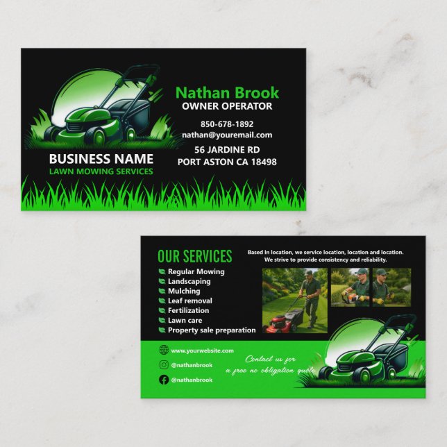 Carte De Visite Professional Lawn Care Landscaping Green Black (Devant / Derrière)
