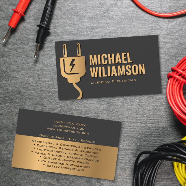 Carte De Visite Professional Licensed Electrician Electrical Work (Electrician services business card with black and gold color scheme, contact details and service lis)