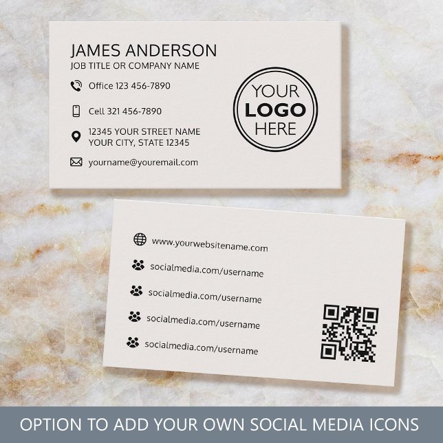 Carte De Visite Professional Logo Social Media QR Code Off-White (Créateur téléchargé)