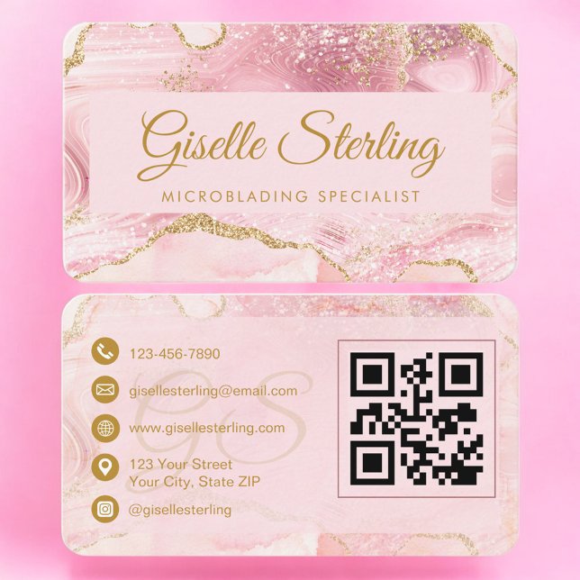 Carte De Visite Professional Microblading Artist Gold Agate QR Cod (Créateur téléchargé)