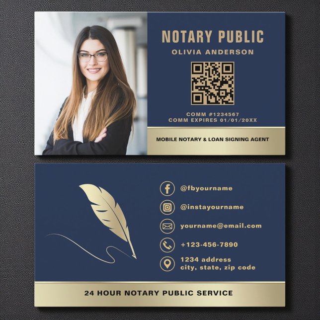 Carte De Visite Professional Notary Public Navy Blue Gold Photo (Créateur téléchargé)