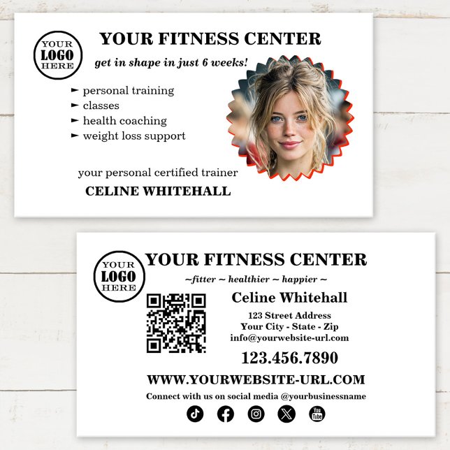 Carte De Visite Professional Personal Trainer Fitness Center (Fitness personal trainer business card with custom photo, qr code, social media and logo)