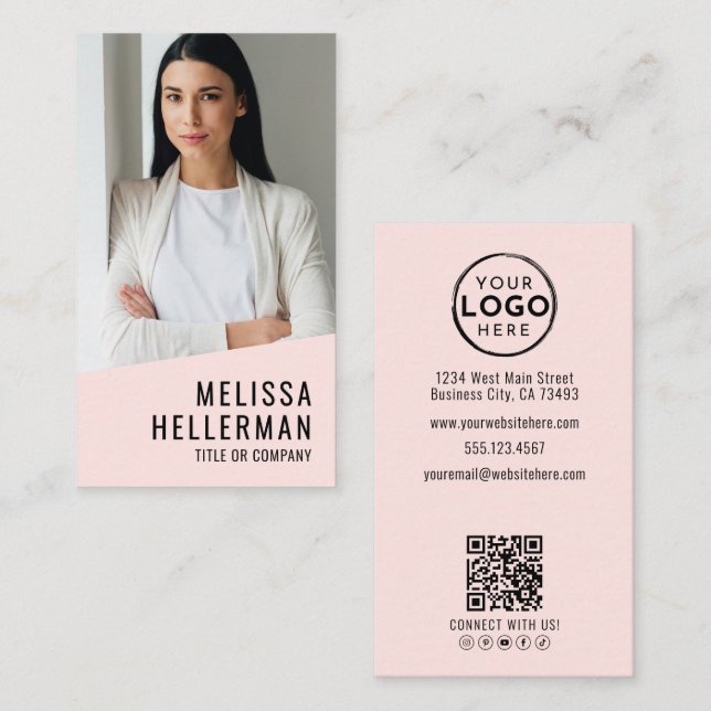 Carte De Visite Professional Photo QR Code Logo Blush Pink (Devant / Derrière)