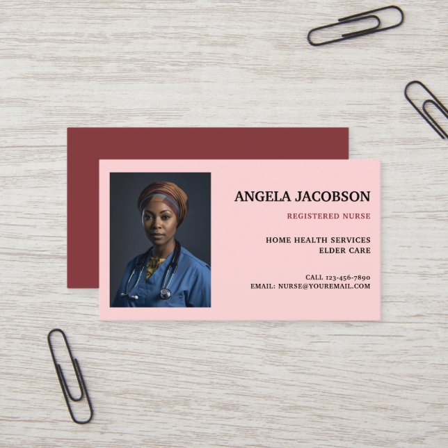 Carte De Visite Professional Pink Registered Nurse Photo (Devant/Arrière en situation)