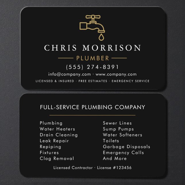 Carte De Visite Professional Plumbing Service Black Gold (Créateur téléchargé)