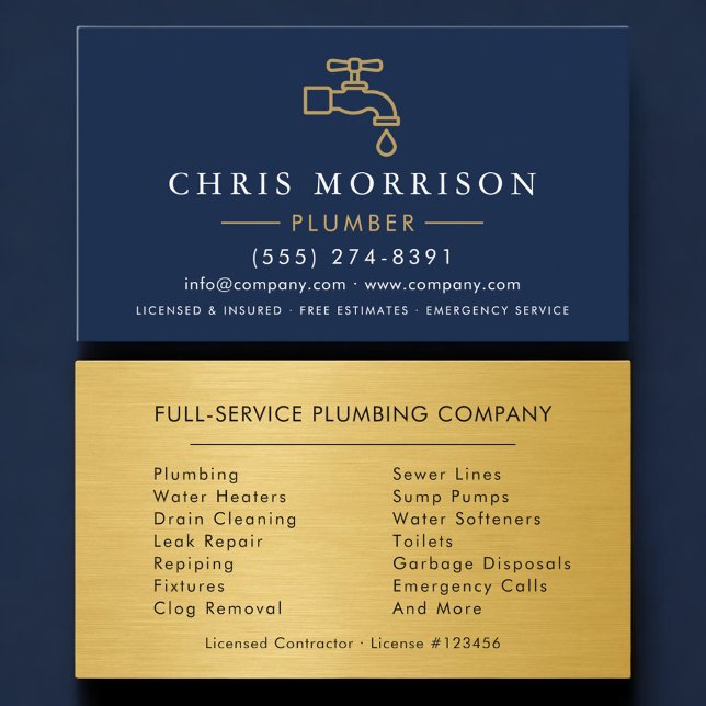 Carte De Visite Professional Plumbing Service Plumber Navy Blue (Créateur téléchargé)