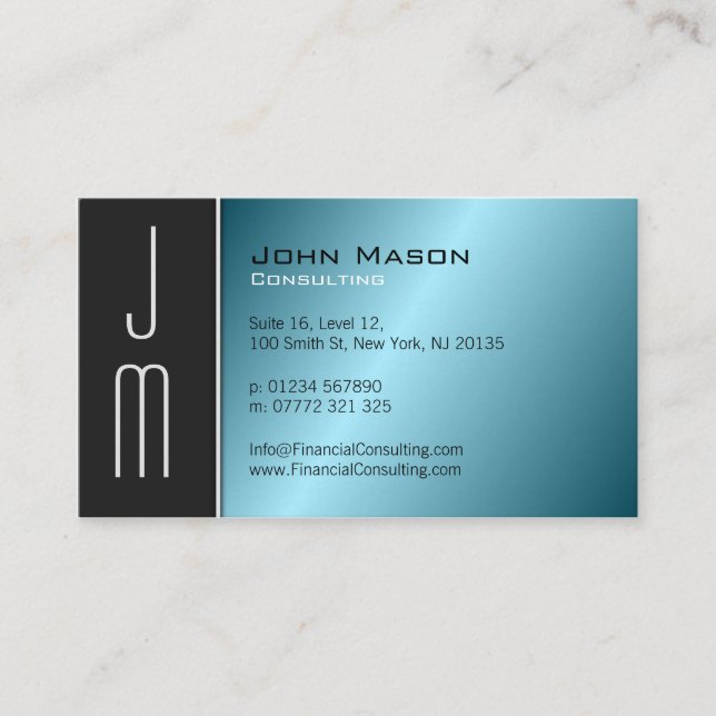Carte de visite professionnel Black Aqua Monogram (Devant)
