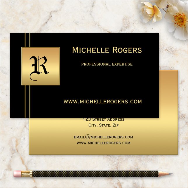 Carte de visite professionnel Black Gold (A stylish black and gold business card with your own monogram)