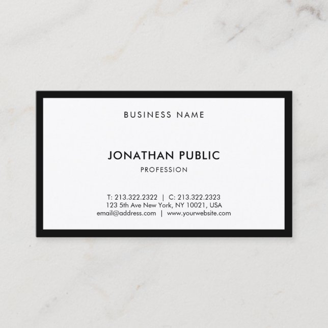 Carte De Visite Professionnel Chic Moderne Noir Blanc Élégant Plai (Devant)
