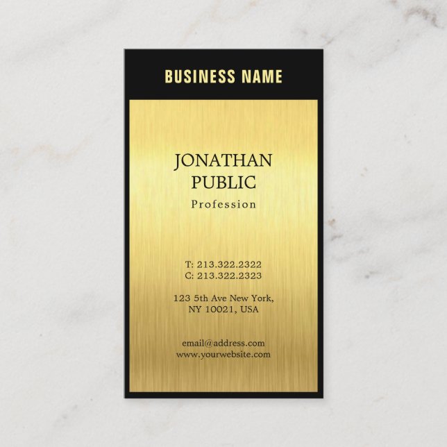 Carte De Visite Professionnel Elegant Noir Plaine Or Luxe Chic (Devant)