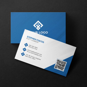 Carte De Visite Professionnel Entreprise Bleu Blanc QR Code Ajoute