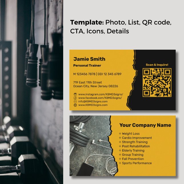 Carte De Visite Professionnel Golden Yellow Personal Trainer (Professional Golden Yellow Personal Trainer Business Card, QR code, Service List, Icons)
