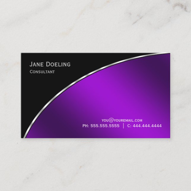 Carte De Visite Professionnel Moderne Élégant noir brillant violet (Devant)