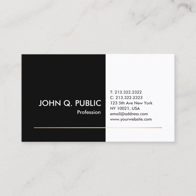 Carte De Visite Professionnel Noir Blanc Or Élégant Moderne Plain (Devant)