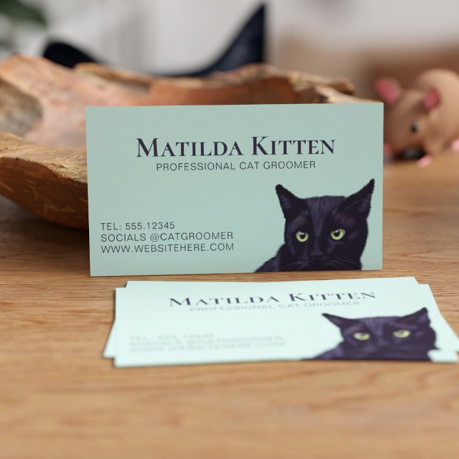 Carte de visite professionnel noir Groomer de chat (Purrfect business card for a cat groomer or cat sitting service. Just add your details)