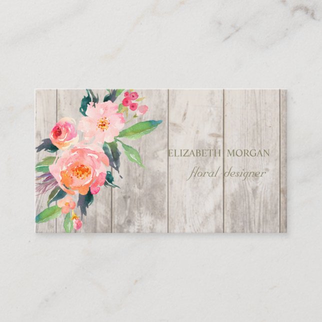 Carte De Visite Professionnel romantique, Fleurs, Texture en bois (Devant)