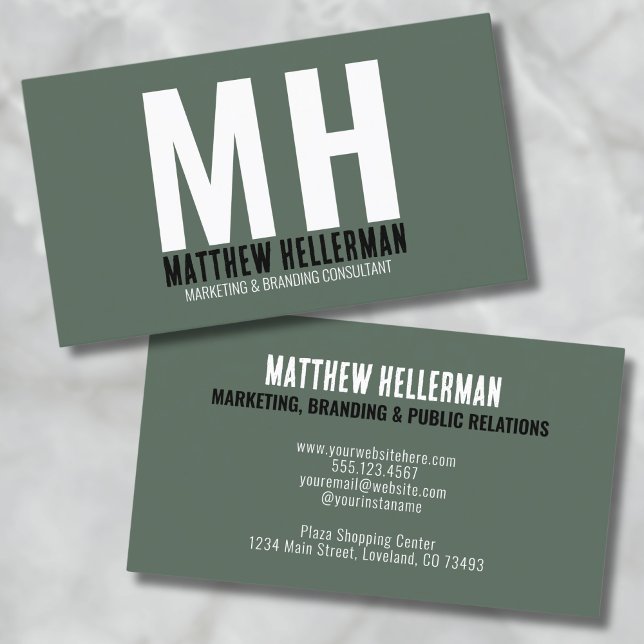 Carte De Visite Professionnel Simple Green Monogramme (Green Simple Minimal Professional Monogram Business Card )