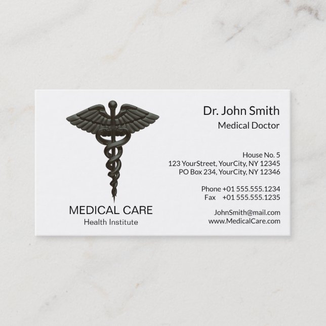 Carte De Visite Professionnel Simple Médicale Caduceus Noir Blanc (Devant)