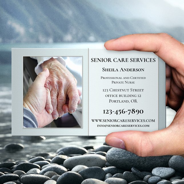 Carte De Visite Professionnel - soins aux aînés - photo personnali (Business card featuring your own custom photo (optional) framed by an elegant silver design)
