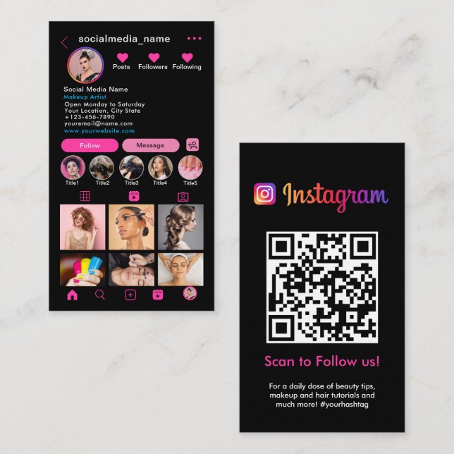 Carte De Visite Profil Instagram Grille photo Suivez-moi Code QR (Devant / Derrière)