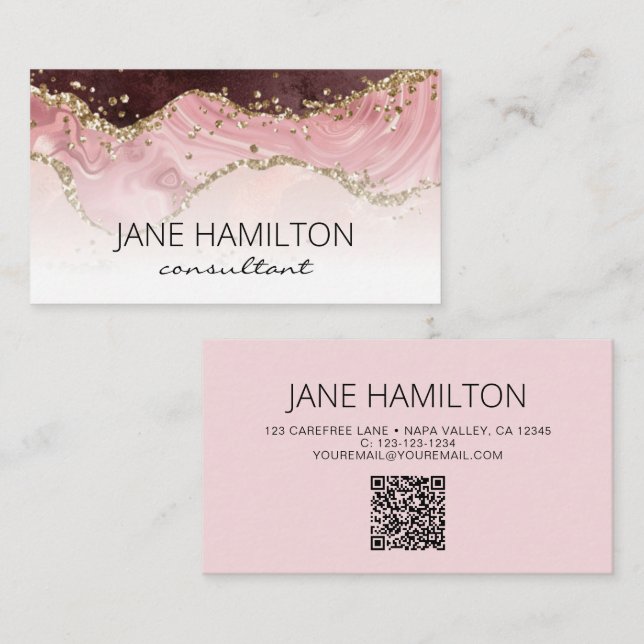 Carte de visite profil Marbre Agate Rose Code QR (Devant / Derrière)